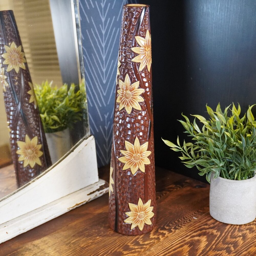 Vintage Studio Pottery Vase Brown Glazed Ceramic Vase with Embossed Flowers